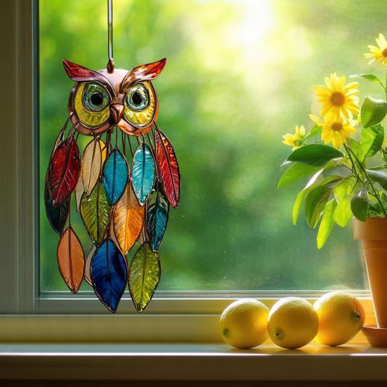 Handgefertigtes Buntglas-Eulen-Ornament von Jixiangzhizhi in Mehrfarbig als dekorativer Eulenanhänger für den Außenbereich - Bild 3