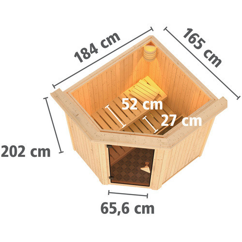 Karibu Sauna Narva für 3 Personen aus Fichtenholz in Beige, B: 202,0 cm, T: 184,0 cm, H: 165,0 cm - Bild 2
