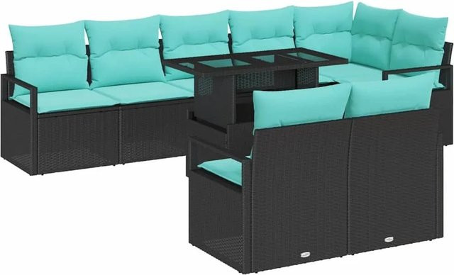 vidaXL Gartensofa-Set 9-teilig in U-Form aus Poly-Rattan mit Speicherfunktion und Polstern, Schwarz und Blau - Bild 1
