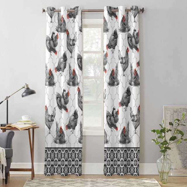Super Six Retro Vorhang mit Hahn und Henne Motiv in floraler Textur, halbtransparent, Mehrfarbig, B: 135 cm, H: 185 cm - Bild 1
