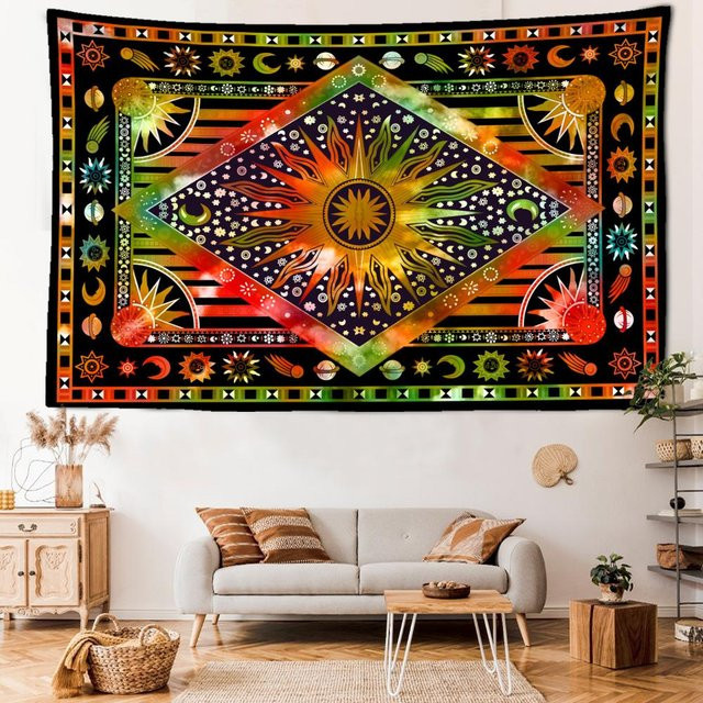 Super Six Wandteppich Sonne und Psychedelischer Engel in Grün und Orange, B: 150 cm, H: 100 cm - Bild 1