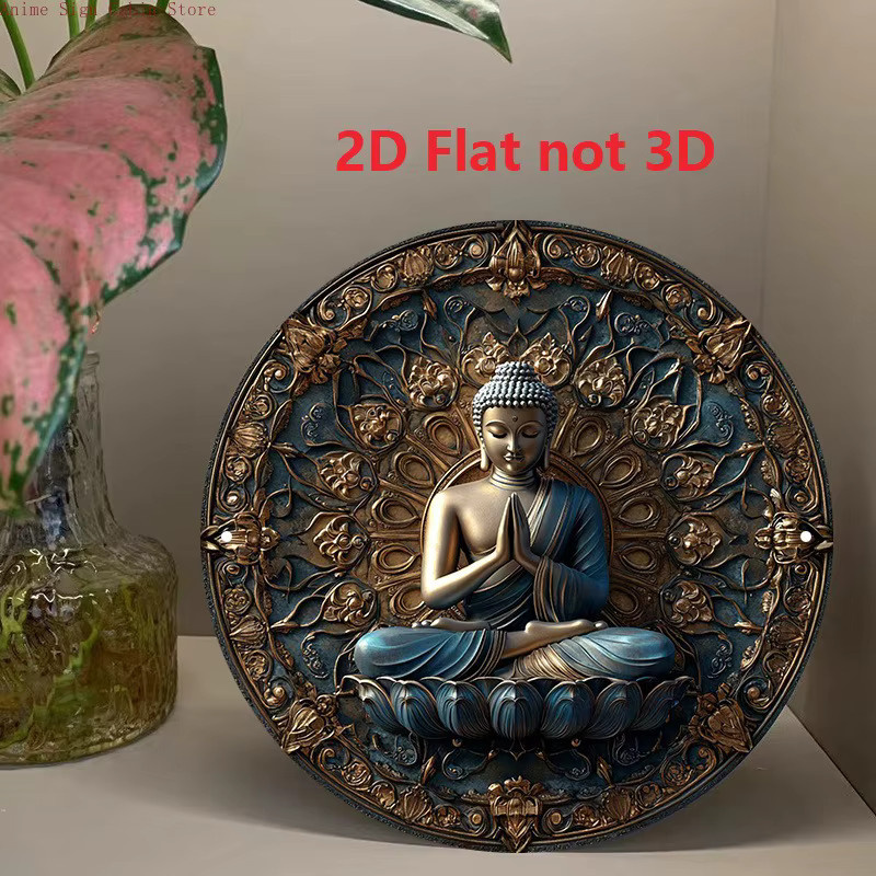 Rundes Metallschild von Potdemiel mit Buddha-Statue auf Lotus und floralem Design in Gold und Multicolour, Durchmesser: 20,32 cm - Bild 3