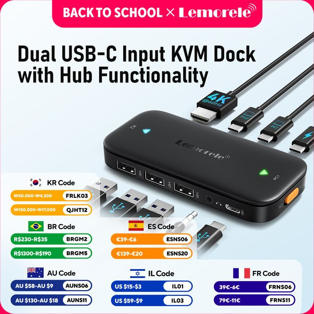 Lemorele H200 USB-C KVM-Switch mit Dual HDMI, USB-Hub, 4K@60Hz und 100W PD in Schwarz - Bild 1