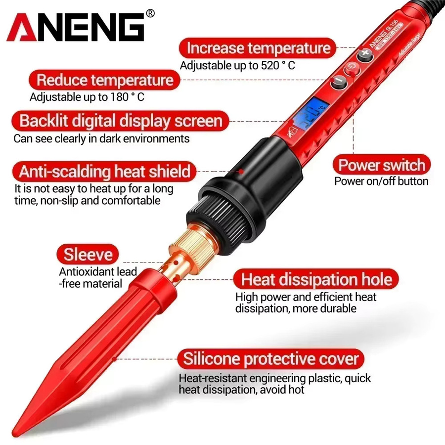ANENG Intelligenter Elektrischer Lötkolben 60W in Rot mit einstellbarer Temperatur von 180°C bis 520°C für Reparatur und Nachbearbeitung - Bild 4