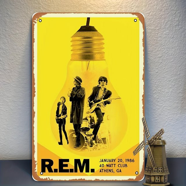 REM Retro-Metallblechschild Wandkunst aus Metall in Gelb mit Schwarz-Weiß-Grafik, Rechteckig, B: 20 cm, H: 20 cm, T: 1 cm - Bild 1