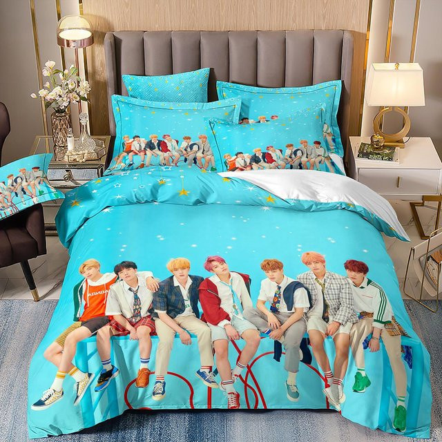 LjqFifteen BTS Kpop Bettwäscheset 3-teilig Blau, Bettbezug und Kissenbezug aus Polyester, B/H: 200 x 220 cm - Bild 1