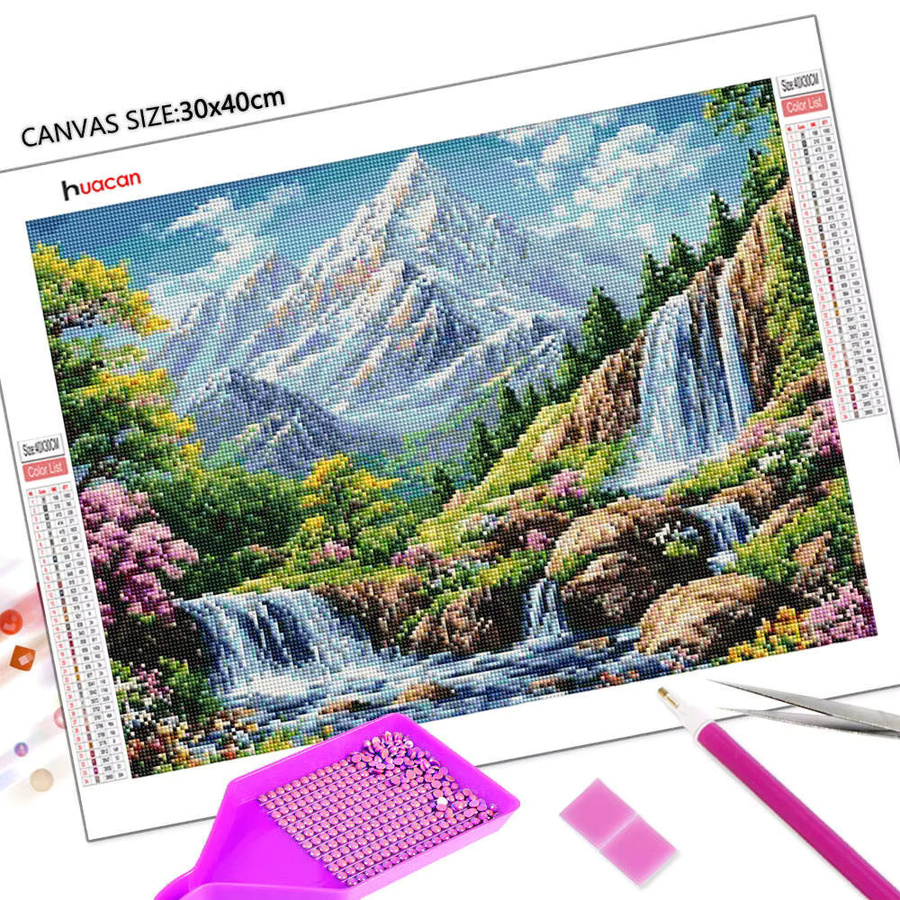 Huacan DIY Diamond Painting Set High Mountain Wasserfall mit Blumen und Bäumen, Rund, Mehrfarbig, Durchmesser: 50 cm - Bild 2