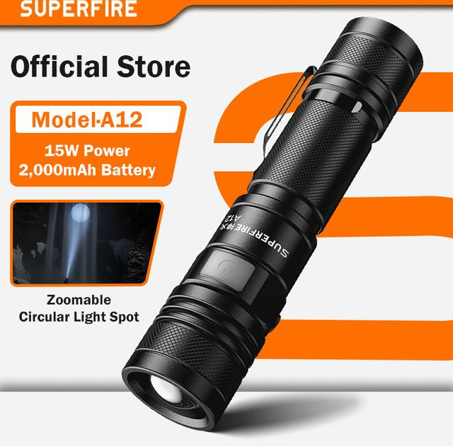 SUPERFIRE A12 Taktische Hochleistungs-LED-Taschenlampe mit Zoom und USB-Wiederaufladung, Wasserdicht, 5 Modi - Bild 1