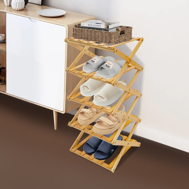 Bymaocar 5-stufiges faltbares Schuhregal aus Bambus in Braun, zusammenklappbares Schuhregal ohne Montage für Wohnzimmer und Schlafzimmer - Bild 1