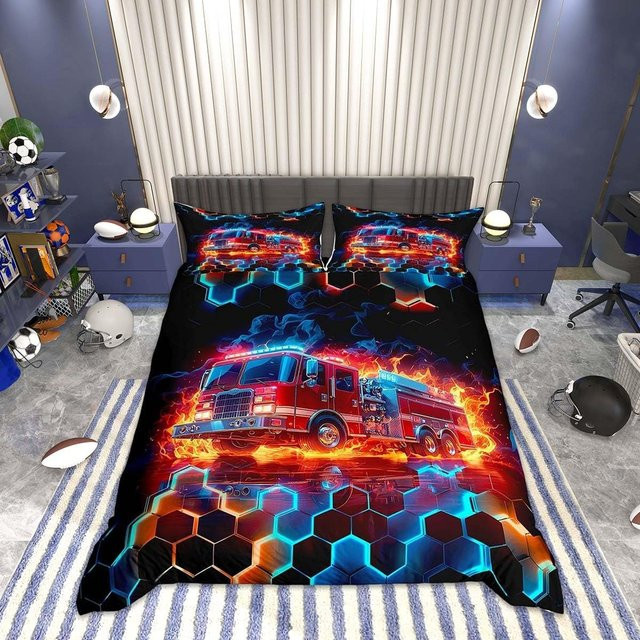 Flylo Bettwäscheset mit Feuerwehr- und Fahrzeugmotiv für Kinder und Teenager, Rot, B/H: 140 x 200 cm - Bild 1