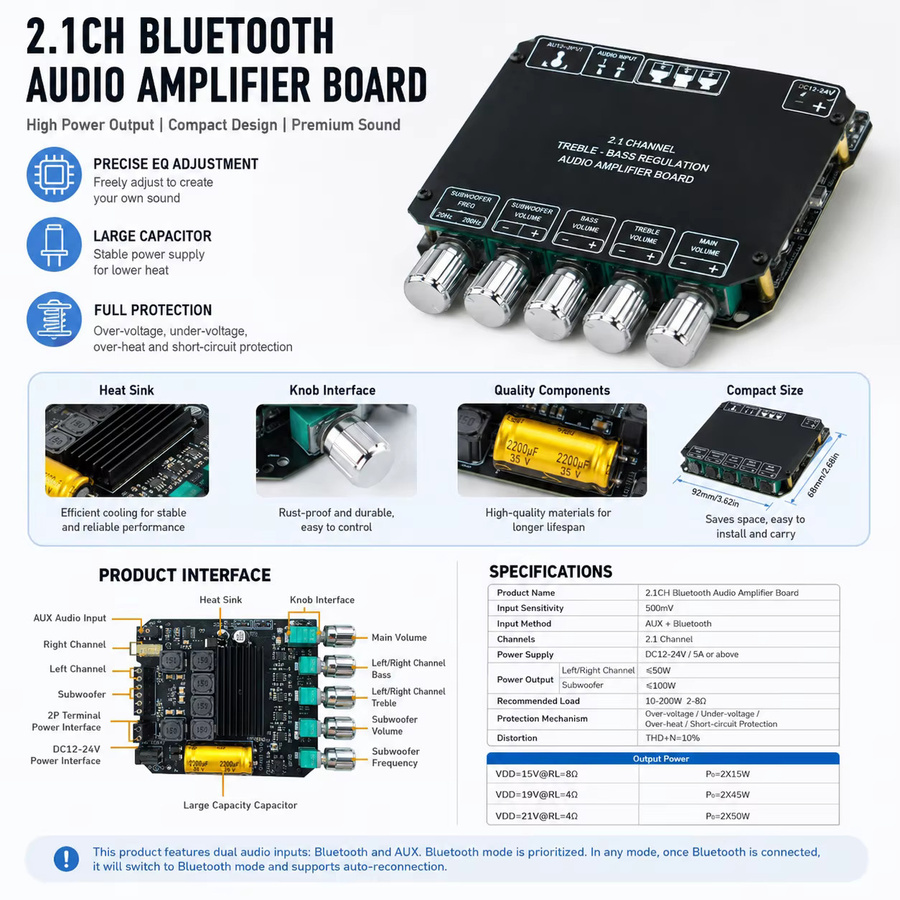 Digitaler 2.1CH Bluetooth Verstärker mit Subwoofer, 100W*2+100W, Höhen- und Bassregelung, AUX 3.5mm Jack, Schwarz - Bild 3