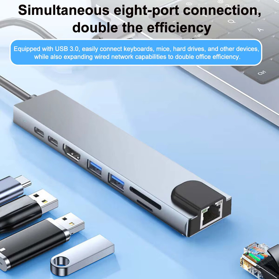 Congdi 8-in-1 USB-C-Hub mit 4K HDTV HDMI, RJ45 Ethernet LAN, SD/TF-Kartenleser und PD Schnellladung in Multicolor für MacBook und Laptop - Bild 2