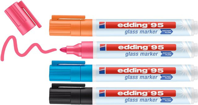 Edding 95 Glasmarker Set mit runder Spitze für Glasoberflächen und Whiteboards, 4er Set, Schwarz, Hellblau, Pink und Orange, Strichbreite 1,5-3 mm - Bild 2