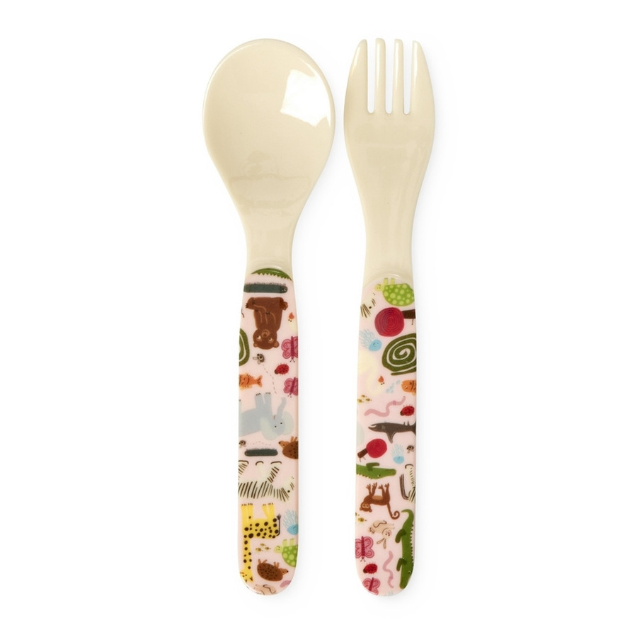 Rice Melamin Löffel und Gabel Set Wildlife Pink für Kinder in matter Optik - Bild 1