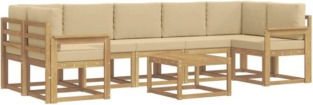 vidaXL Outdoor-Sofagarnitur 6-teilig aus Akazienholz in L-Form mit Polstern und Kissen, Beige/Braun/Weiß - Bild 1
