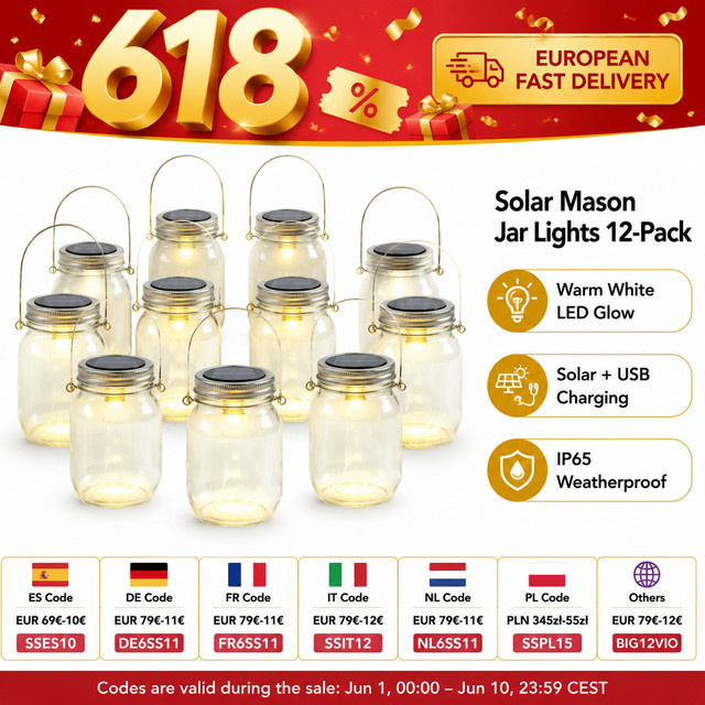 12er-Pack Solar-Einmachglas-Lichter aus Glas in Transparent mit warmweißem LED-Licht für Garten und Terrasse - Bild 1