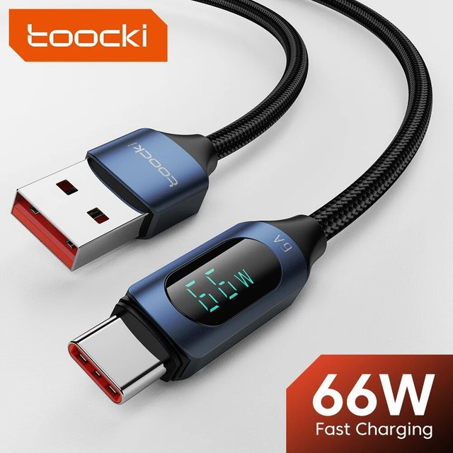 Toocki USB A auf USB C Schnellladekabel mit Display 66 W in Schwarz - Bild 1