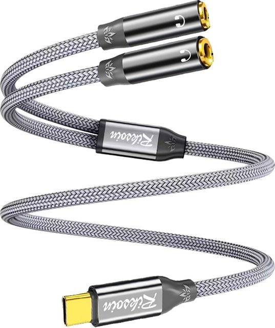 Riksoin USB-C auf 2 Buchsen Kopfhörer-Splitter HiFi TRRS Stereo-Audio-Adapter für Lautsprecher und Mikrofon in Grau - Bild 1