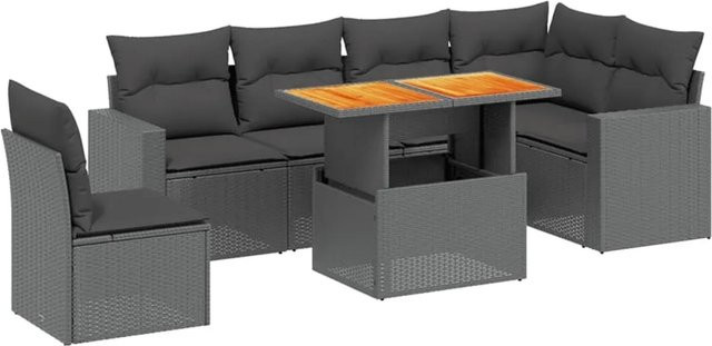 vidaXL 7-teilige Garten-Sofagarnitur in L-Form aus schwarzem Poly-Rattan mit Kissen und Akazienholz - Bild 1