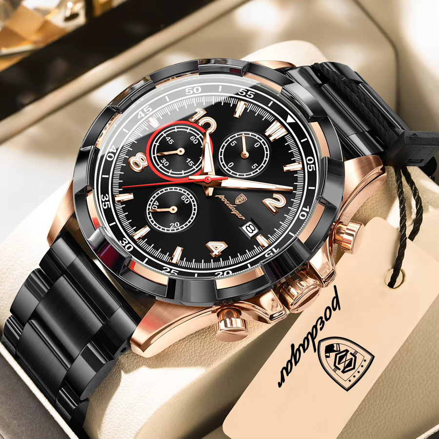POEDAGAR Armbanduhr Chronograph, Quarz, Edelstahl, Schwarz, Herren - Bild 2