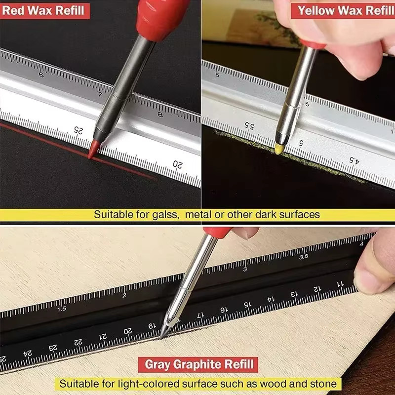 MROOFUL Metall-Schreinerstift-Set in Gelb mit Ersatzminen und integriertem Anspitzer für professionelle Holzbearbeitung - Bild 2