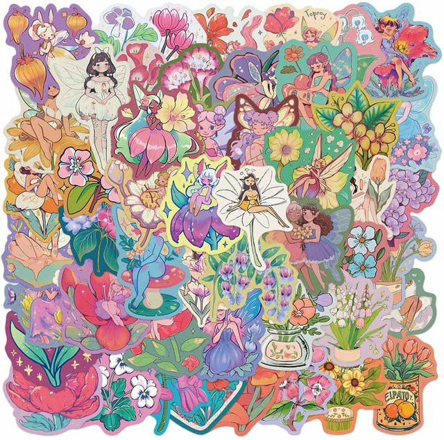 Bunte Blumen und Prinzessin Aufkleber aus wasserfestem PVC für DIY-Projekte, 50 Stück, Mehrfarbig - Bild 1