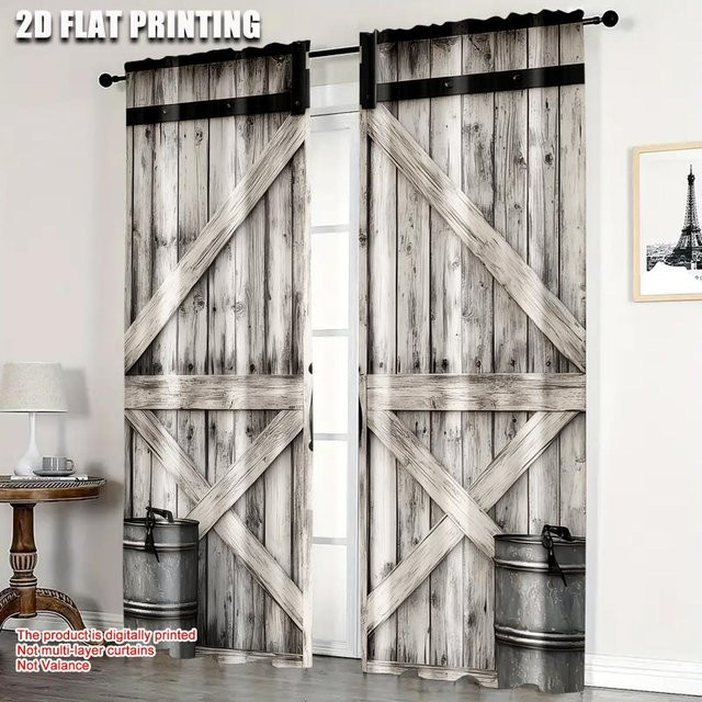 2er-Set JFCurtain Vorhang im Landhausstil mit Holz-Retro-Scheunentor-Muster, grau, semi-transparent, B: 100 cm, H: 220 cm - Bild 1