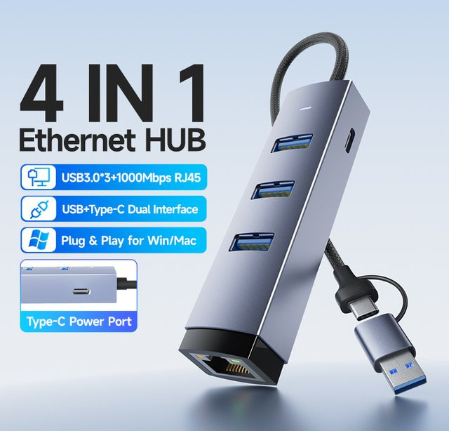 FDBRO 3-Port USB 3.0 Hub Dockingstation mit USB-C und 1000Mbps Gigabit Ethernet LAN-Adapter RJ45 Netzwerkkarte für PC - Bild 1