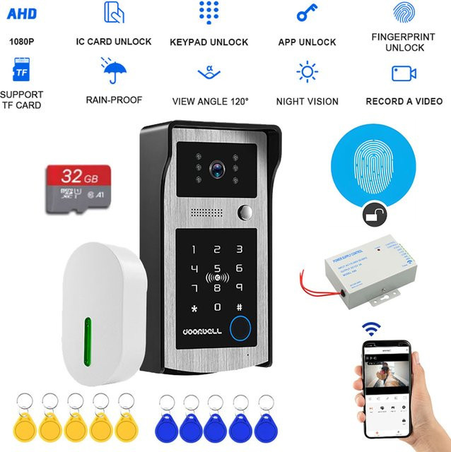 AJXML WLAN Tuya RFID Video-Türklingel in Schwarz mit 1080P HD Farb-Video, Code-Tastatur und App-Entsperrung für den Außenbereich - Bild 1