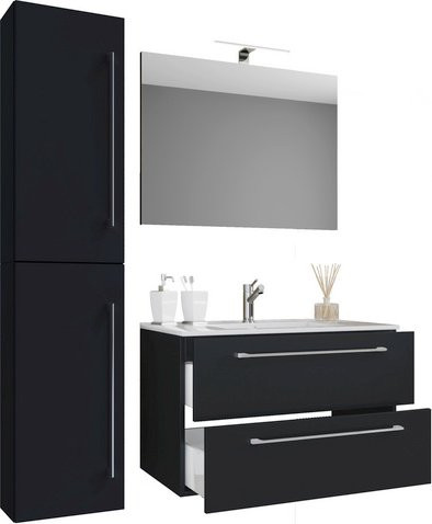 VCM Badmöbel-Set Badinos, 4-teilig mit Waschbecken, Hochschrank, Unterschrank und Spiegel, schwarz matt, B/H/T: 61 x 151 x 46 cm - Bild 1
