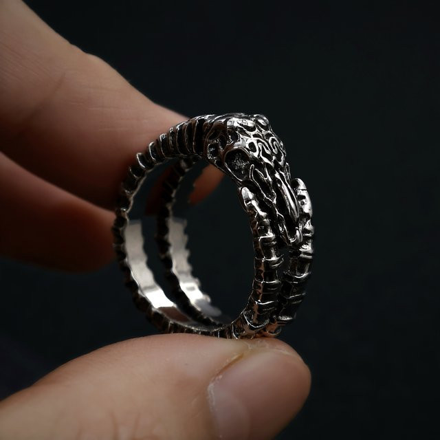 LENNIK Ring, Silber-überzogenes Kupfer, Herren, Retro Schädel Pan Horn - Bild 1