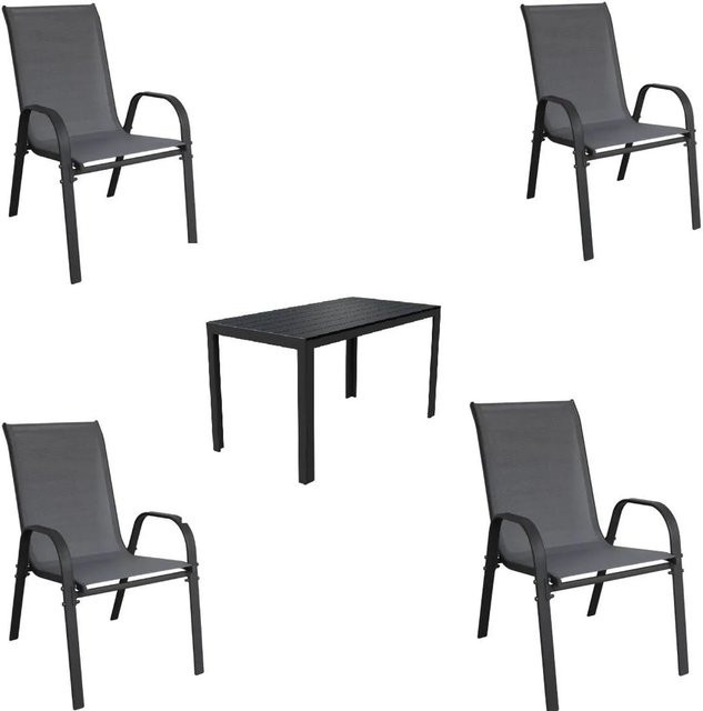 LEX Gartenmöbel Set 5-teilige Sitzgruppe mit Stapelstühlen und Gartentisch in Anthrazit und Schwarz aus Aluminium und Stahl - Bild 1