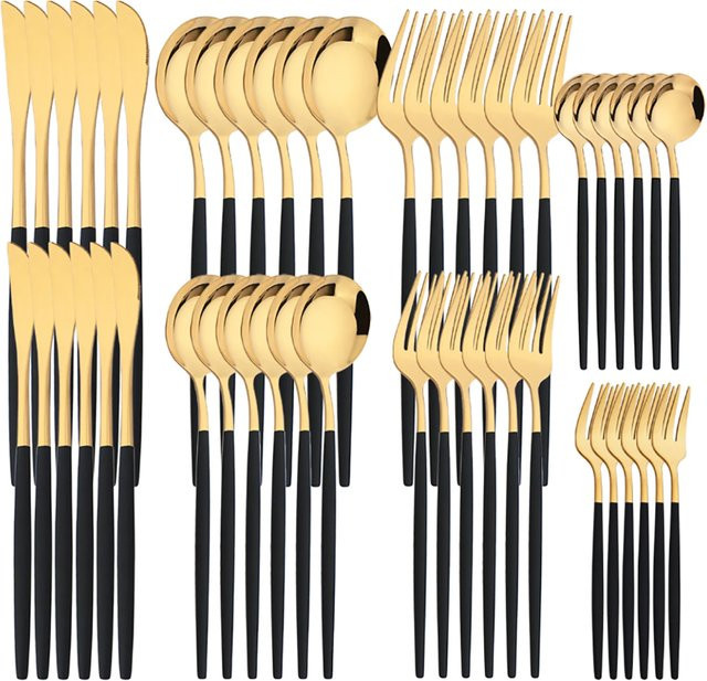 Zoseil Besteckset aus Edelstahl in Schwarz und Gold, 48-teiliges Set bestehend aus Messern, Gabeln und Löffeln für Erwachsene - Bild 1