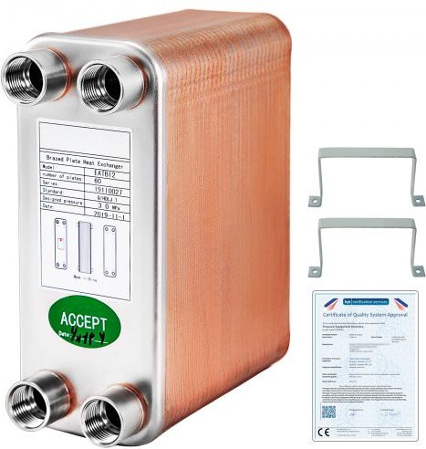 VEVOR Plattenwärmetauscher aus Edelstahl 316L mit 60 Platten und 1/2 Zoll BSP FPT Anschlüssen für Hydronik-Heizungen, Silber - Bild 1
