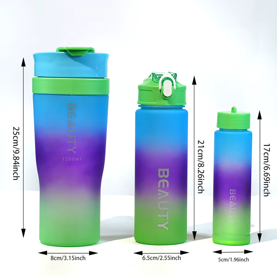 WIFEFUN 3-in-1 Sport-Wasserflaschen-Set mit Farbverlauf und Strohhalm in Petrol Multicolour - Bild 2
