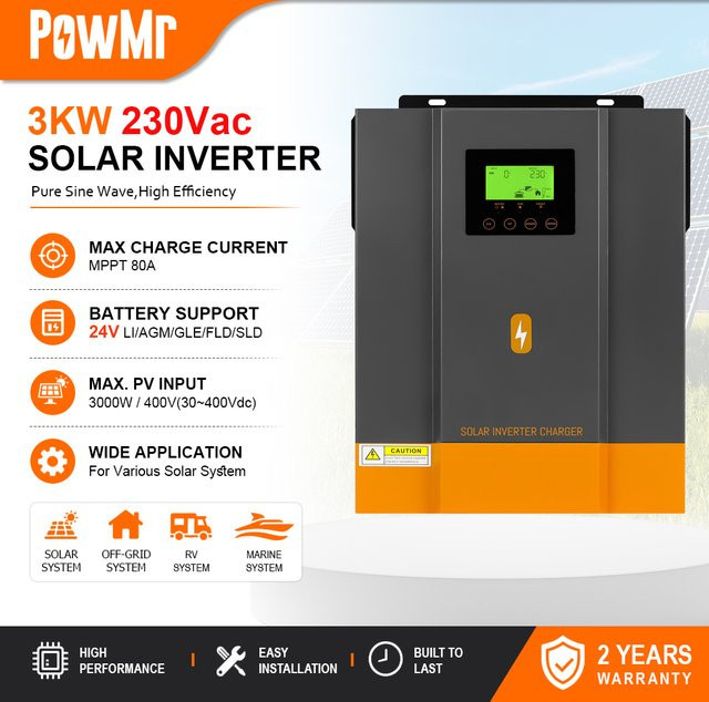 PowMr Solarwechselrichter 3,2 kVA 3000W 24V DC auf 230V AC mit integriertem 80A MPPT-Solarladeregler, Reiner Sinus, für AGM, Flüssig- und Lithiumbatterien, max. 400V PV-Eingang - Bild 1