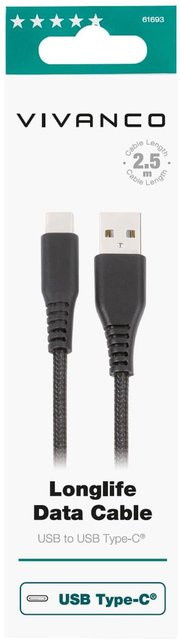 Vivanco LongLife USB Type-C Daten- und Ladekabel mit USB-A Anschluss, Schwarz, Länge: 2,5 m - Bild 1