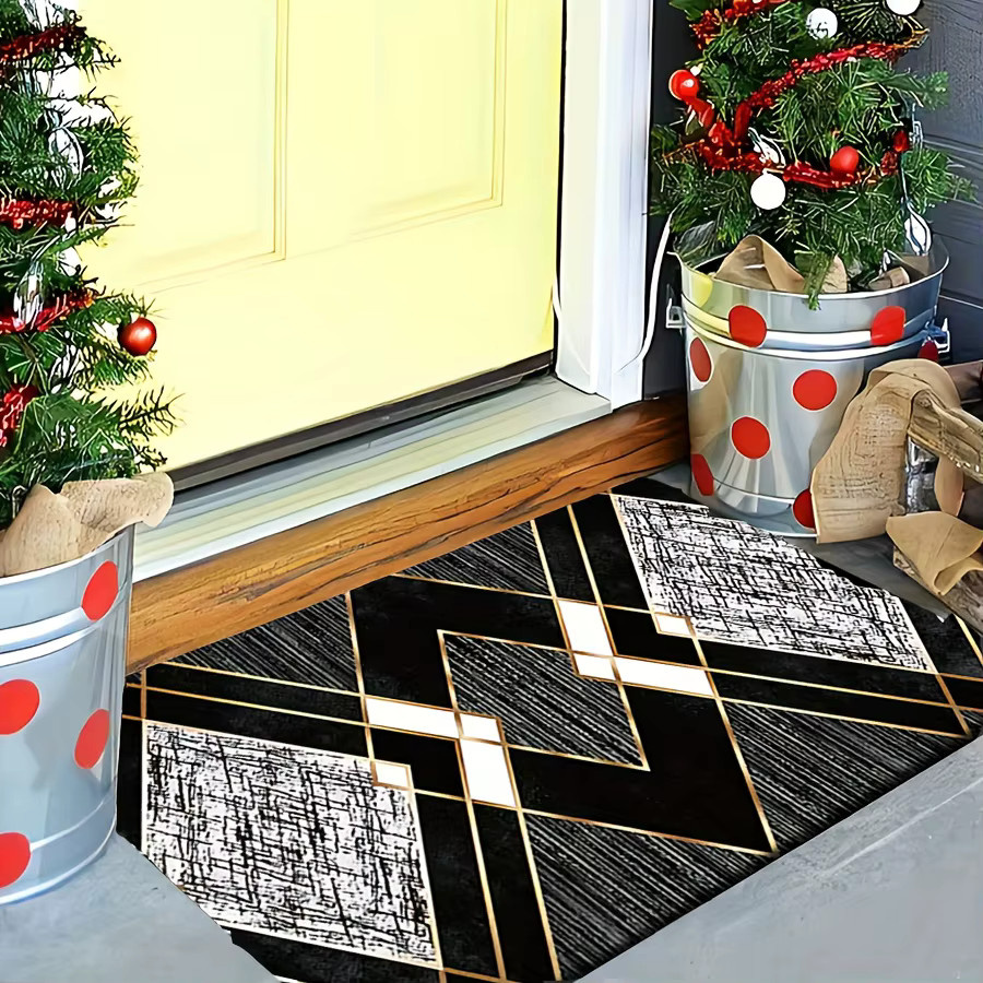 VIKAMA Geometrischer Teppich mit Diamantmuster in Schwarz und Grau, wetterfest, B/T: 60 x 40 cm - Bild 4