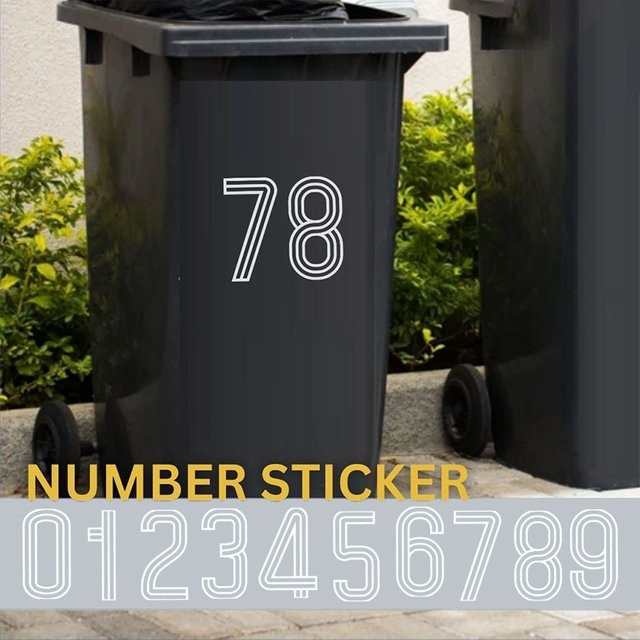 Selbstklebende Wheelie Bin Aufkleber mit Nummern 0-9 in Weiß für Mülleimer, Briefkästen und Garage, wasserdicht für Outdoor und Indoor, Format A6 - Bild 1