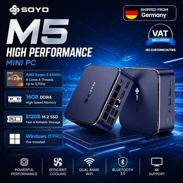 SOYO M5 Mini PC mit Windows 11, AMD Ryzen 3 4300U, 16GB RAM und 512GB M.2 SSD, kompakter Desktop-Computer mit WiFi und Bluetooth - Bild 1