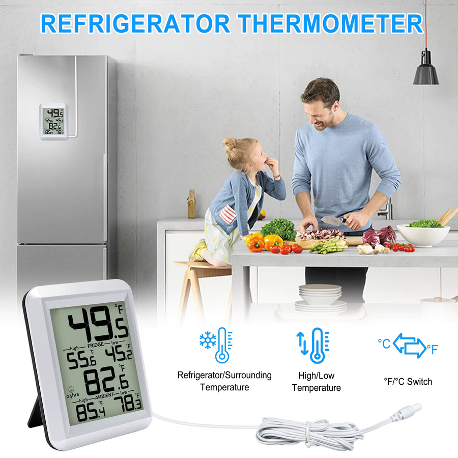 Urageuxy Digitales Kühlschrankthermometer mit 2 m wasserdichtem Sensor, Min/Max Record in °C/°F, Farbe: Weiß - Bild 2