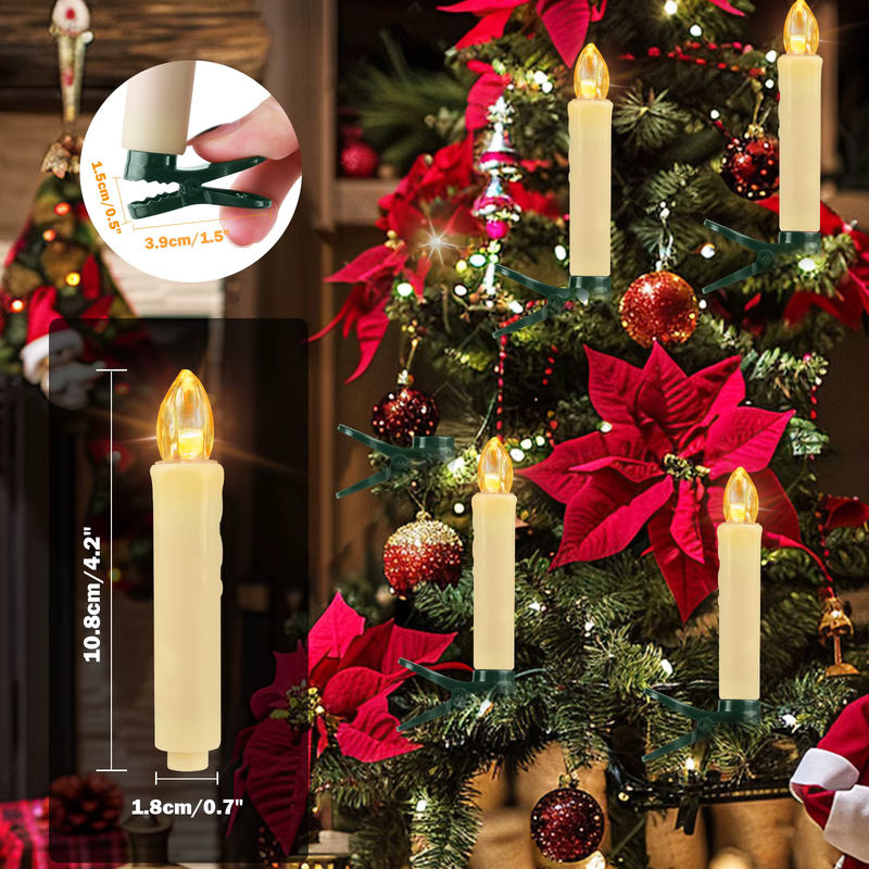 10 Stück flammenlose weiße LED-Spitzkerzen mit Fernbedienung und Timer für den Weihnachtsbaum, batteriebetriebene konische Clip-on-Kerzen aus Kunststoff - Bild 5