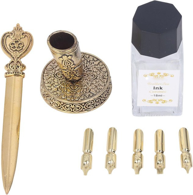 Igeteck Federkiel-Set in Grau und Gold mit 5 austauschbaren Federn, Brieföffner, Stifthalter, Tinte und leerer Flasche aus Metall und Stahl - Bild 1