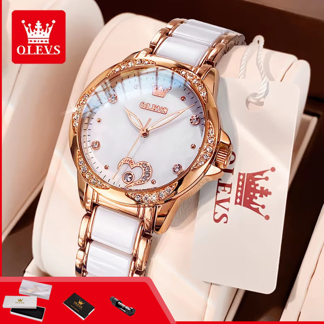 OLEVS Armbanduhr Automatik, Keramik, Roségold, Diamant, Damen - Bild 1