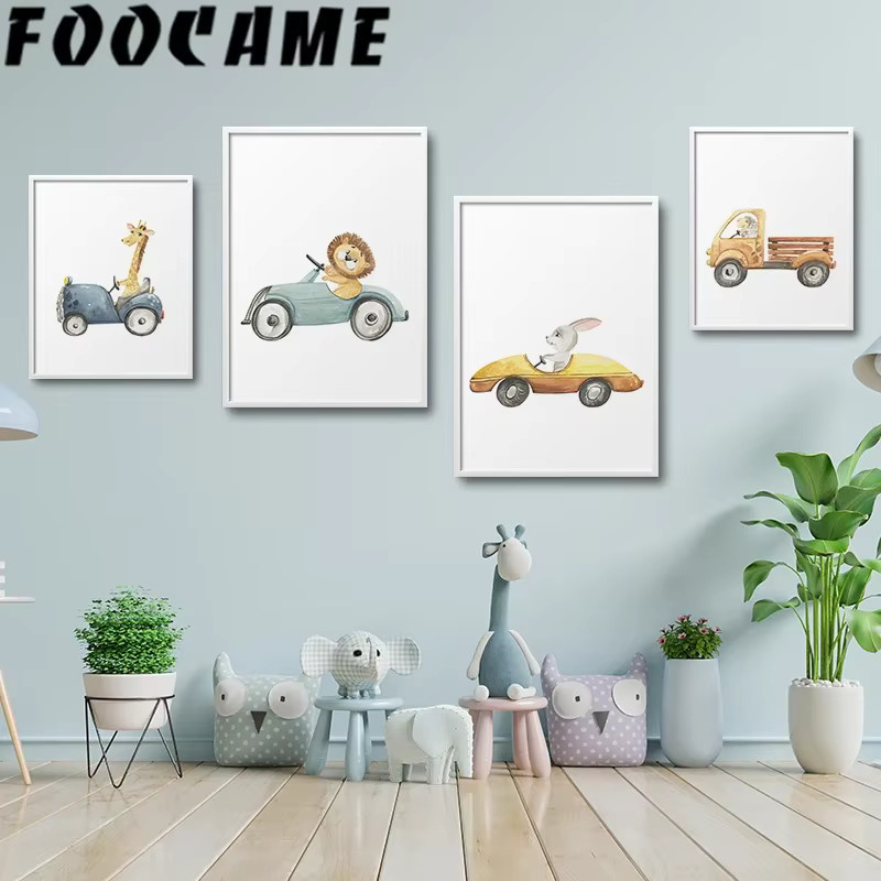 Potdemiel Wandkunst Leinwand für Kinderzimmer mit Tier- und Fahrzeugmotiven im Nordic-Stil, Mehrfarbig - Bild 1