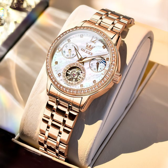 OLEVS Armbanduhr Automatik, Edelstahl, Roségold, Diamant, Mondphase, Damen - Bild 1