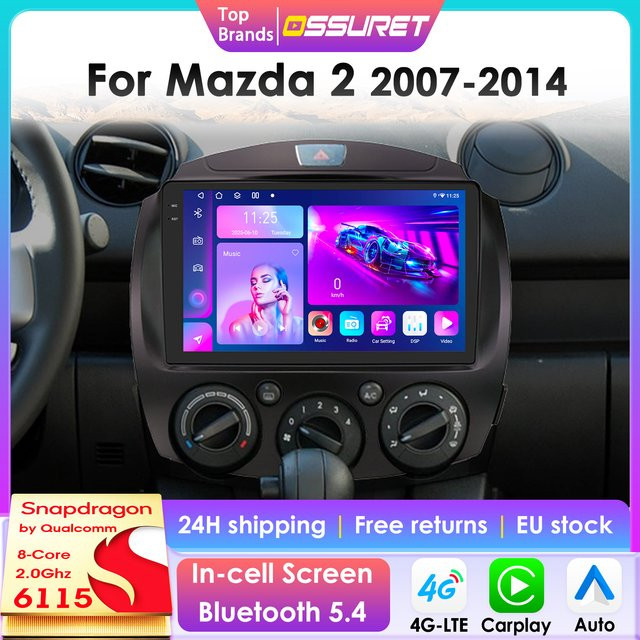 OSSURET Android 14 Auto Radio mit 360 Kamera, GPS und 4G für Mazda 2 (2007-2014), 2Din Multimedia System mit Carplay, Schwarz - Bild 1