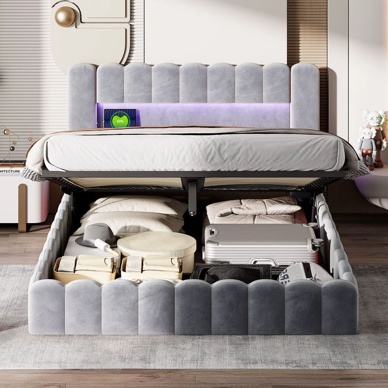 Rosahqnda Hydraulisches Doppelbett aus Samt mit LED-Beleuchtung und USB-Anschluss, Gepolstertes Bett mit Stauraum in Grau, B/T: 180 x 200 cm - Bild 4