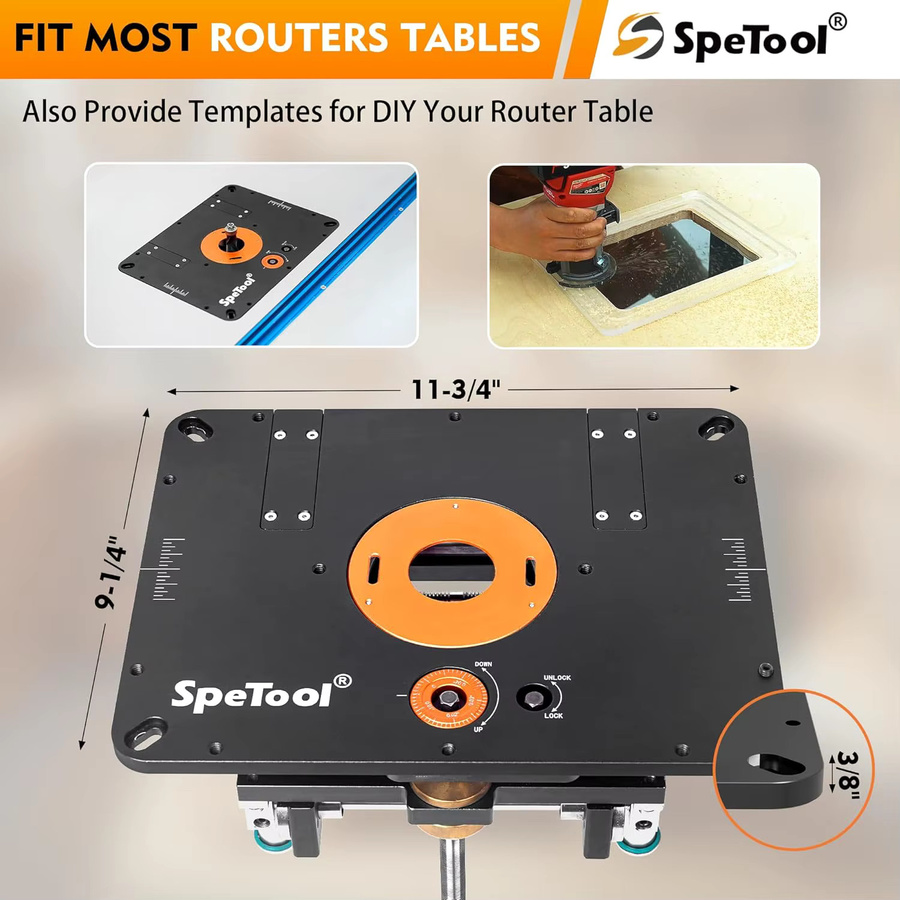 SpeTool P01002 Professionelles Fräser-Hebesystem aus Aluminium für Oberfräsen mit präziser Einlegeplatte und DIY-Schablone - Bild 5