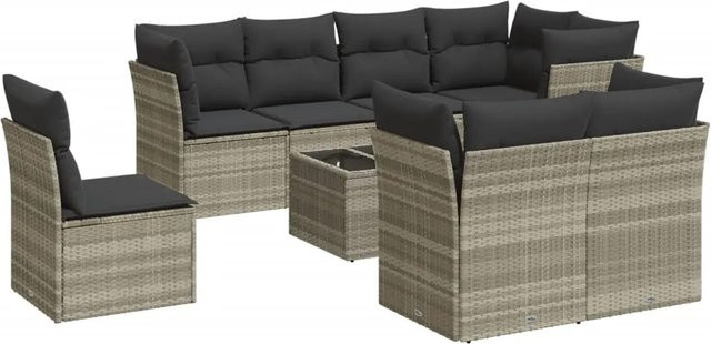 vidaXL 9-teilige Garten-Sofagarnitur in L-Form aus Polyrattan mit Kissen in Hellgrau - Bild 1
